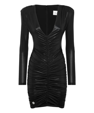 Besondere Anlässe verlangen nach einzigartigen Kleidungsstücken. Wir empfehlen dieses langärmelige Kleid aus hochglänzendem Lycra® mit... Erfahren Sie mehr.   Mit Juwelen besetzter Stretch-Jersey   Tief ausgeschnittener V-Ausschnitt und Drapierung    Gepolsterte Schultern   Unsichtbarer Reißverschluss in der hinteren Mitte