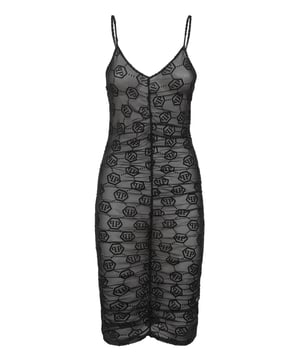 Aumente su elegancia para los momentos especiales y elija este vestido slip de tul flocado. Eche un vistazo a los detalles.   Tul de poliéster elástico todo flocado   Costuras fruncidas en la parte delantera y trasera   Tirantes ajustables