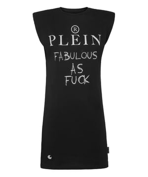 con cristales  Un detalle de diseño. Observe cómo las aplicaciones de pedrería renuevan este vestido camisero de jersey de algodón. Sin mangas, cuenta con acolchados para resaltar el contorno de los hombros. Dobladillos de pespunte doble.
