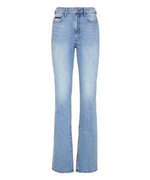 Stretch stone washed denim 5 pocket broek. Enkele metalen knoopsluiting. Het merklabel is achterop de tailleband genaaid. Pasvorm: Flare.