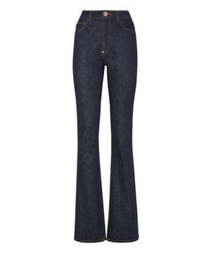 Stretch stone washed denim 5 pocket broek met het lurex borduursel van Skull&Bones op de achterzakken. Enkele metalen knoopsluiting. Pasvorm: High Waist Flare.