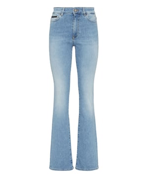 Style and ease with these stone washed denim 5 pocket pants featuring a basic and elegant fit. Find out more.                                                               Stretch stone washed denim  PP Hexagon on a saffian leather patch sewn on the right rear pocket  Single metal jewel button  Fit: Flare