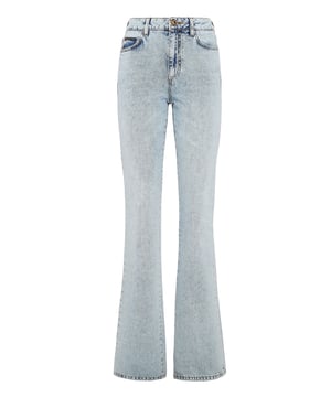 Stretch stone washed denim 5 pocket broek met het lurex borduursel van Skull&Bones op de achterzakken. Enkele metalen knoopsluiting. Pasvorm: High Waist Flare.