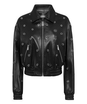Rock style? Here’s the jacket for you. We reimagined soft nappa according to the style of Plein. See the details.   Soft nappa   Rings applied all-over   Shirt collar   Zip fastener   Two slit pockets   Elasticated cuffs and bottom hem   Inner lining   Fit: Boxy
