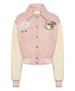 Add something unique and distinctive to your wardrobe. We suggest this varsity jacket.   Wool fabric   Leather   Embroidered patches sewn on the front and the back   Rhinestones applications   Embroidered details   Shirt collar   Snap buttons fastening   Two slit pockets   Rib knit tipping hems   Diamond quilted satin lining