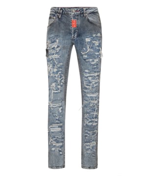 For your outfit we recommend these jeans with precious elements.                                                                            Used effect denim with rips    Two decorative zippers    Single metal button   Fit: Rock Star