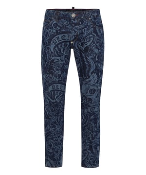 Escape the routine and pick something really unique, like these printed denim 5 pocket pants.                                                                 All over laser printed denim with Tattoo pattern   Patchwork with striking seams   Single metal button   PP Hexagon on a saffian leather badge sewn on the right rear pocket   Fit: Skinny