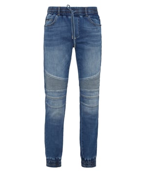Stretch stone washed denim 5 pocket broek met ribboord inzetstukken. Elastische tailleband met trekkoord. PP Hexagon op een saffiaan lederen patch is genaaid op de rechter achterzak. Pasvorm: Jogging.