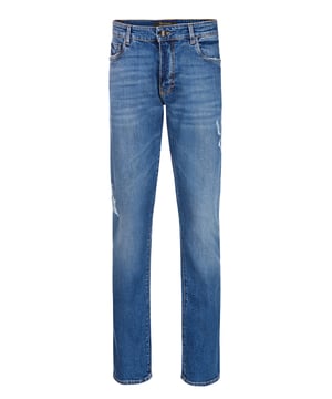 Otro nuevo modelo presentado en esta colección son estos pantalones vaqueros ajustados de tela deslavada, tienen el logotipo de Billionaire bordado en el bolsillo trasero derecho. Abertura de cierre y botones de metal decorados con el emblema de Maison. Los hilos de las costuras son del mismo color que la prenda. Ajuste: Recto. Corte: 18 cm.