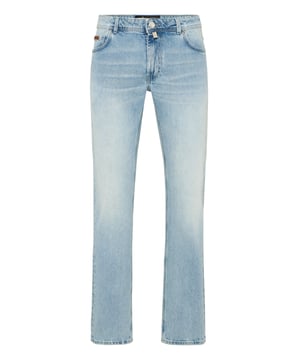 Añada algo informal y original a su atuendo. Le sugerimos estos pantalones vaqueros de 5 bolsillos.                                                        Denim   Lavado a la piedra   Parche de cuero cosido en el bolsillo trasero derecho   Un solo botón de metal   Etiqueta de cuero adherido cosida en la cintura trasera   Bragueta con cremallera   Remaches en forma de insignia   Ajuste: Super Straight