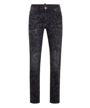 Escape the routine and pick something really unique, like these patchwork denim 5 pocket pants.     All over laser printed denim with Tattoo pattern   Patchwork with striking seams   Single metal button   PP Hexagon on a saffian leather badge sewn on the right rear pocket   Fit: Super Straight