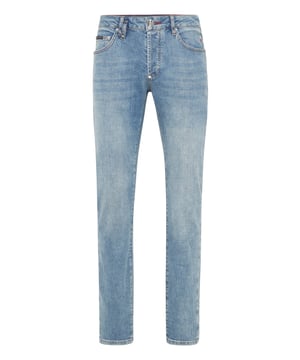 For your outfit we recommend these denim jeans with precious elements.                                                               Wear-and-tear denim   Embroidered patch sewn on the back   Logo Patch sewn on the right rear pocket   Single metal button fastening   Fit: Super Straight