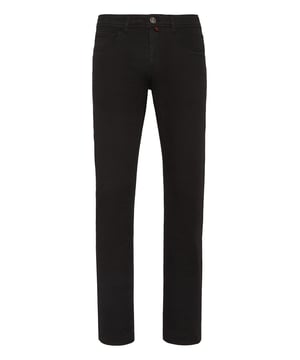 Añada algo casual y original a su conjunto. Le proponemos estos pantalones vaqueros de 5 bolsillos. Descubra más.  Tejido vaquero lavado con aclarado   Monograma bordado en el bolsillo trasero derecho   Etiqueta con Marca cosida en la parte trasera de la cintura   Botón único de metal   Costuras y tachuelas en diferentes colores   Ajuste: Super Straight