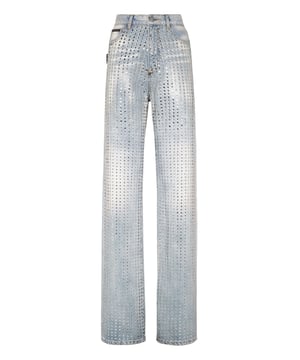 mit Schmucksteinen  Entdecken Sie die Freude an der Eleganz mit der Five-Pocket-Denimhose mit Stone-Washed-Effekt, die sich durch einzigartige und wertvolle Details auszeichnet. Erfahren Sie mehr.                                                               Stone-washed-Denim mit Strasssteinen   PP-Hexagon auf einem auf der rechten Gesäßtasche aufgenähten Aufnäher aus Saffianleder  Einzelner schmuckvoller Metallknopf  Passform: Palace High Rise