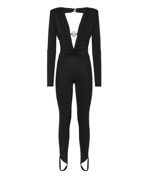 Añada un toque sexy a su look con este mono de manga larga de punto. Jersey elástico de alto brillo   Escote pronunciado en la cintura con hebilla joya con logotipo   Drapeado   Almohadillas en los hombros   Espalda abierta   Botones joya y cremallera invisible en el centro de la espalda   Estribo