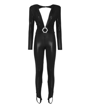 Añada un toque sexy a su look con este mono de manga larga de lamé.   Laminado elástico de alto brillo   Escote pronunciado en la cintura con hebilla joya hexagonal   Drapeado   Acolchado en los hombros   Espalda abierta   Cremallera invisible en el centro de la espalda   Estribo