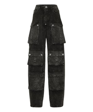 If you want to be original, we recommend these stone washed denim 5 pocket cargo pants with unique details. Find out more.                                                                Stone washed Schmucksteinbesetzter denim    Several bellow pockets   PP Hexagon Logo on a leather patch sewn on the right rear pocket   Single metal button   Fit: Cargo