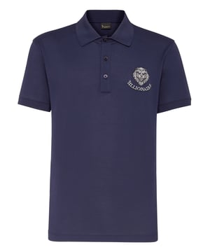 Cotton piqué short sleeve polo shirt with the iconic lion head embroidered at left chest. The double B monogram is embroidered on the hanging loop at yoke. Button fastening collar. Woven ribbed collar and cuffs. Two slits on the two-needle stitched bottom hem.