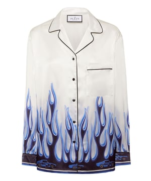 Add an original touch to your look with the satin shirt/pajama and... Find out what makes it one of a kind.   Satin   Flame placed print   Il Contrasting colored piping on lapels   Patch pocket   Button fastening   Straight bottom   Fit: Regular