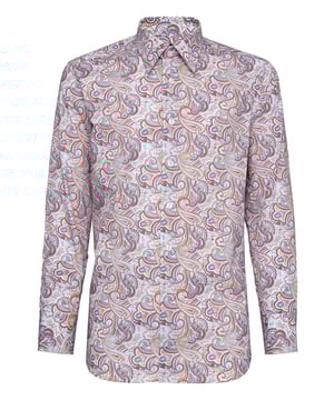 El boteh, más conocido como cachemira o paisley, es un patrón ancestral que evoca imágenes exóticas y que aquí aparece estampado en toda la prenda en esta camisa de popelina de algodón. Cuello camisero pequeño, modelo: Milano. Puños con dos botones. Incluye botones cuadrados de nácar. Corte: Slim/Silver