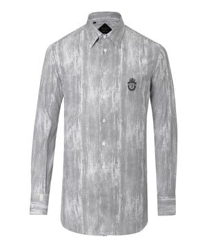 Pin stripes cotton shirt. Embroidered crest at left chest. Collar with removable collar stays. Square Swarovski buttons. Back darts. Silver cut.