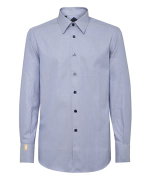 This woven cotton shirt is a perfect match for both a suit and with jeans. Small leaf collar, model: Milano. Two button cuffs and the left one is also a watch cuff.  Mother-of-pearl, squared and logoed buttons. Fit: Slim/Silver.