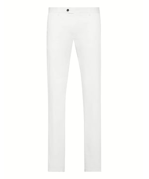 Añade un toque de alta costura Plein a su look. Eche un vistazo a estos chinos elásticos con parte delantera plana y descubre sus características.   Gabardina de algodón elástico   Bolsillos abiertos   Un solo botón   Ajuste: Slim