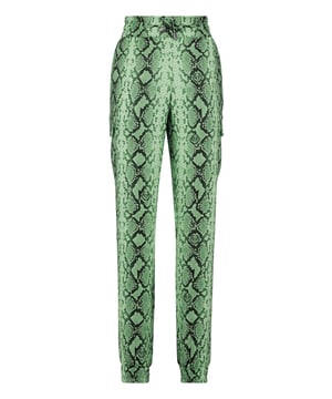 Dare to be edgy with these satin jogging-cut cargo trousers.   Python print satin   Two cargo pockets sewn at legs   Slit pockets   Logoed metal badge on the back   Waistband with stop-cord drawstring   Elasticated hems