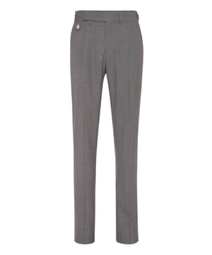 Los pantalones de corte clásico son un imprescindible que todo armario masculino debería tener. Le sugerimos estos pantalones de lana tejida con pliegues. Descubra sus características.  Lana tejida ojo de perdiz  Cintura con cierre oculto  Dos tiras con hebilla cosidas en la cintura  Bolsillos con aberturas