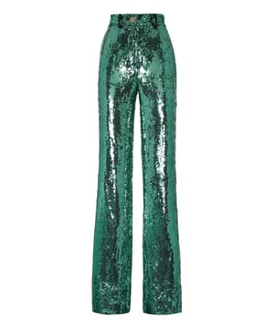 Suchen Sie etwas für Ihr Glamour-Ich? Diese Pailletten-Palazzo-Hose ist die Antwort. Die hohe Taille und der einzelne Juwelenknopf sind nur einige der stilvollen Details. Zwei Schlitztaschen auf der Vorderseite und eine auf der Rückseite.
