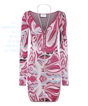 con cristales  La singularidad y el estilo también se pueden encontrar en un vestido. Mire esta versión tubo, con patrones tejidos en jacquard hechos con hilo de lúrex. Descubra más.  Mezcla de lúrex y algodón.  Jacquard con estampado de circo tejido por todas partes  Tira cruzada con pedrería en el escote  Dobladillos de punto acanalado