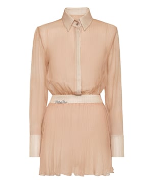 Boost your elegance for your special events with this romantic dress. Check out the details.   Silk blend chiffon   Lurex yarn pinstripe    Concealed buttons   Skirt with waistband   Cropped back   Cuffs with double buttons   Flounce skirt    Invisible zip fastener at side   Underwear panty