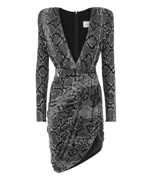 Verhoog en verhelder je figuur met deze originele jersey jurk met lange mouwen. Ontdek alle details.   Stretch polyester jersey bedekt met strass-steentjes die een patroon van pythonhuid creëren   Pronkende halslijn gedrapeerd in de taille   Asymmetrische wikkelrok gedrapeerd aan de linkerkant   Gewatteerde schouders   Onzichtbare ritssluiting middenachter   Binnenvoering