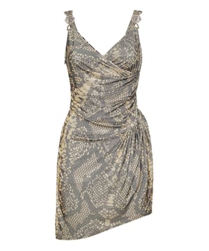 Flatter your figure with this original slip dress featuring... See all details.   Python print stretch polyester jersey   Neckline characterized by a soft drapery   The straps are embellished with jewel buckles   Wrap skirt with draping and side slit   Invisible zip fastener on the side   Inner lining