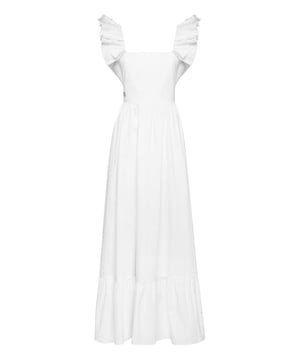 Aumente su elegancia para los eventos especiales con este romántico vestido largo. Fíjese en los detalles.   Popelín de algodón   Los tirantes con volantes del corpiño ajustado se cruzan en la espalda en V   Cinta larga para atar en un gran lazo en la part etrasera de la cintura   Insignia con logotipo en el lado derecho   Dobladillo inferior con volantes