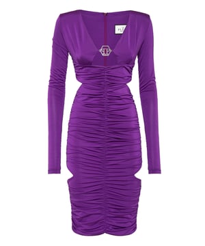 Speciale evenementen vragen om unieke kleding. Wij adviseren deze gedrapeerde jurk met lange mouwen van stretch lycra met... Ontdek meer.   Hoogglanzend stretchlycra   Pronkende halslijn met juweel Hexagon   Asymmetrieën en uitsnijdingen   Onzichtbare ritssluiting middenachter