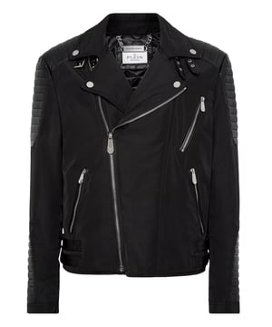 Add something unique and distinctive to your wardrobe. We suggest this nylon and leather perfecto: full-on Plein style.   Nylon with padded and stitched leather details   Metal zip fastener on front, bottom, and cuffs   Buckle straps on bottom hem   Diamond quilted satin lining