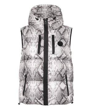 Check out this padded and insulating hooded sleeveless jacket suited for after-training. Warm, light and optimal protection.   Python print, padded and quilted nylon    The Brand print on the back   The hood can be folded into a protective high collar   Waterproof zip fastener on front and pockets    3D silicon patch sewn at left chest   Elasticated bottom hem   Inner lining   Synthetic insulation