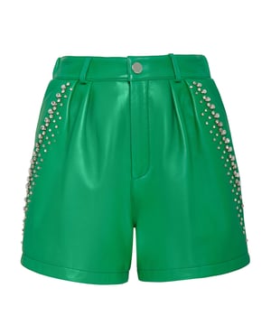 con cristales  Atrévase a ser vanguardista con estos hot pants de napa suave.   Color Nappa   Con joyas   Hexágono de PP en un parche de cuero saffiano cosido en la parte trasera   Bolsillos con aberturas   Botón de presión en la cintura elástica