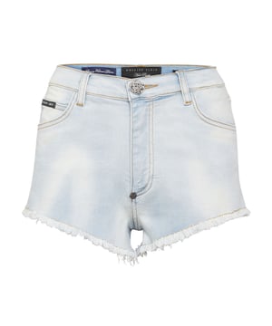 Si quiere ser original, le recomendamos estos hot pants de denim lavado a la piedra con 5 bolsillos y desgaste localizado. Descubra más.   Denim usado lavado a la piedra   PP Hexagon en un parche de cuero saffian cosido en el bolsillo trasero derecho  Botón joya de metal único   Dobladillos inferiores deshilachados y sin rematar