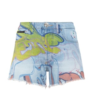 Si quiere ser original, le recomendamos estos pantalones calientes de 5 bolsillos en tejido vaquero lavado a la piedra con un estampado personalizado. Más información.                                                                Tejido vaquero lavado a la piedra usado   Estampado Bombing Graffiti por toda la prenda   Hexágono de PP en un parche de cuero saffiano cosido en el bolsillo trasero derecho   Único botón joya de metal   Corte crudo, dobladillos inferiores deshilachados