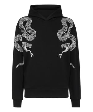 con cristales  Define tu estilo con un toque de personalidad. Mira esta sudadera con capucha de forro polar de algodón con detalles distintivos.   Suave forro polar de algodón   Serpientes en las mangas y la espalda   Dos bolsillos con aberturas   Puños y dobladillo inferior de punto elástico   br>. Ajuste: Por encima de