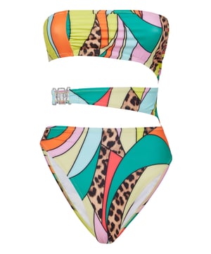 Voeg wat kleur toe aan je zomer met deze lycra monokini met regenboogprint.   Multicolor lycra met patchprint   Strapless, asymmetrisch model met de iconische PP Hexagon gesp   Zomen gestikt met twee naalden