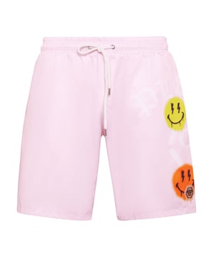 Personalice también su look de tiempo libre. Le proponemos estos boxers de natación con varios Smiles de colores al más puro estilo Plein.    Nylon con los elementos icónicos de la marca y algunos Smiles de colores estampados en la pernera izquierda    Cintura elástica con cordón de ajuste    Parche de goma con hexágono de PP cosido en la pernera izquierda    Dos bolsillos con aberturas    Forro interior de malla
