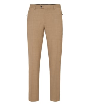 Descubra la singularidad de estos pantalones de lana con detalles especiales.   Gabardina de lana   Bolsillos abiertos con cremallera   Cintura con botón   Inserto de tela cosido a lo largo del lateral de la pierna