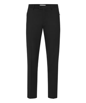 Descubra la singularidad de estos pantalones de lana con detalles especiales.   Gabardina de lana   Bolsillos abiertos con cremallera   Cintura con botón   Inserto de tela cosido a lo largo del lateral de la pierna