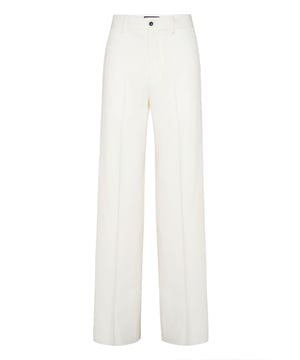 Descubra la originalidad de estos pantalones de paño de lana ligera.   Tejido de mezcla de lana   Parche con logotipo   Bolsillos con aberturas   Cintura con botón   Corte de pierna ancho