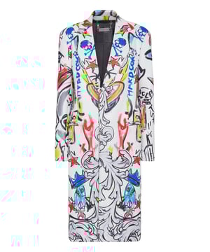 Geef je look een vleugje pure originaliteit. Doe het met deze lange overjas van polyester canvas met Graffiti-print. Verborgen knoopsluiting. Twee paspelzakken. Binnenvoering.