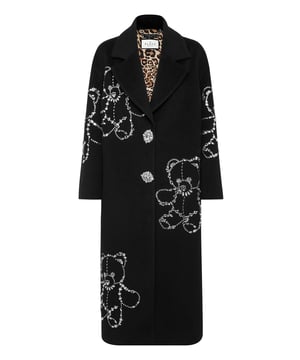 To be original is a gift meant for just a few. We suggest a woolen overcoat that will make you appreciate this gift. See the details.   Soft wool fabric with mounted rhinestone Teddy Bears throughout   Hidden single-breasted front embellished with rhinestone brooches   Two slit pockets   Animal skin print lining   Fit: Loose