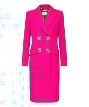 We've the designed the coat for you. Here’s the classic woven fabric overcoat in the style of Plein. See the details.   Wool fabric   Double breasted with mounted rhinestone brooches   Flap pockets   Dappled fabric lining   Figure fitting